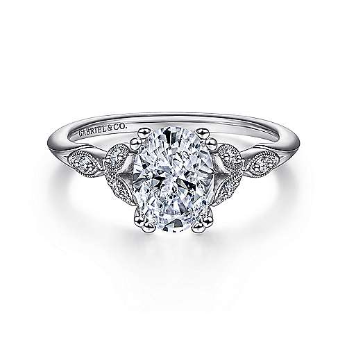 14K White Gold Floral Leaf Oval Diamond Semi-Mount Ring CTW.
