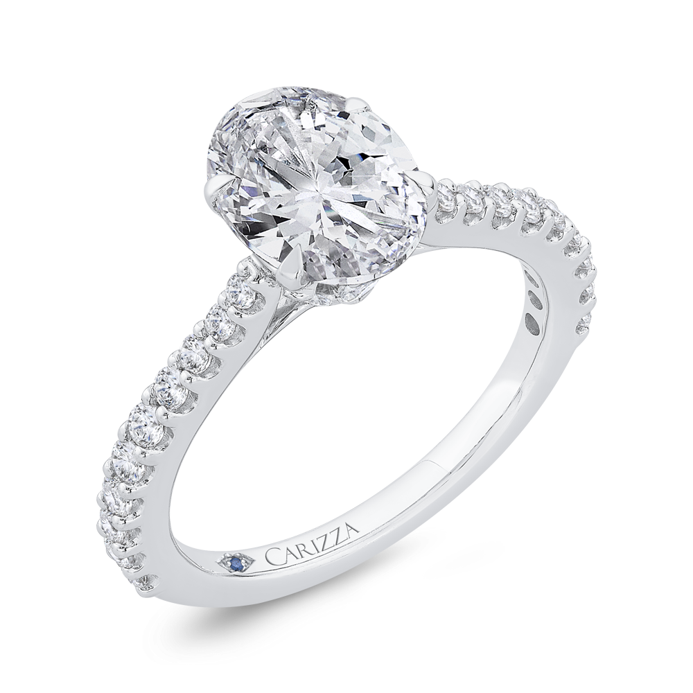14K White Gold Straight Accented Oval Diamond Semi-Mount Ring .63CTW.