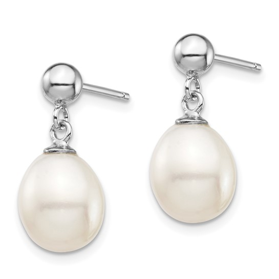 Sterling Silver White Rice Freshwater Cultured Pearl Post Dangle Earrings 8mm