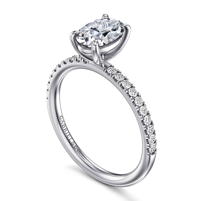 14K White Gold Straight Accented Oval Diamond Semi-Mount Ring 0.19CTW.