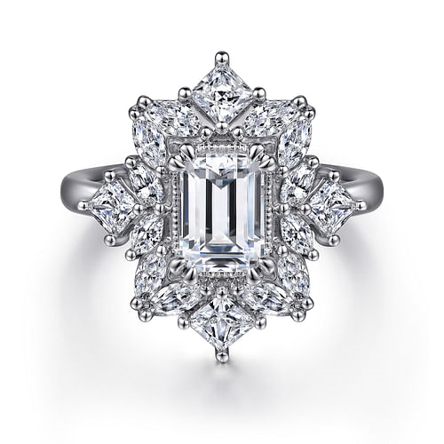 14K White Gold Halo Accented Emerald Diamond Semi-Mount Ring 1.19CTW.