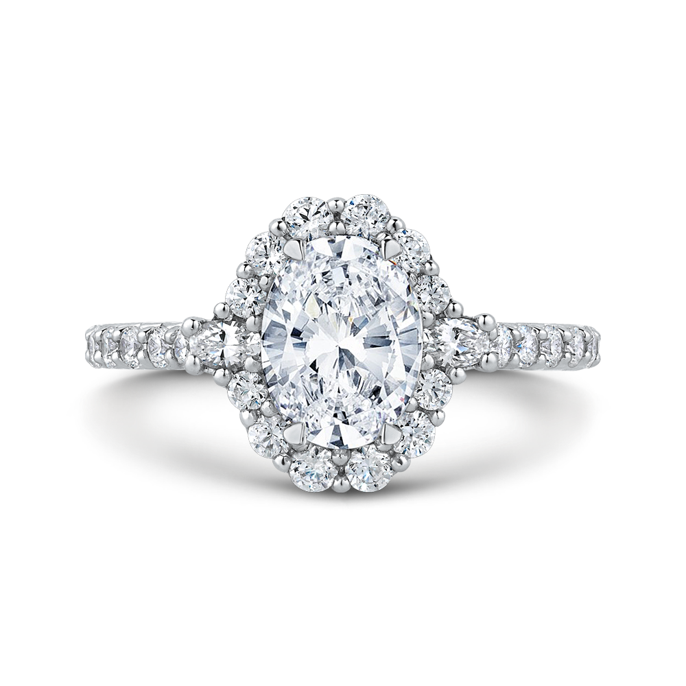 14K White Gold Halo Accented Oval Diamond Semi-Mount Ring .85CTW.