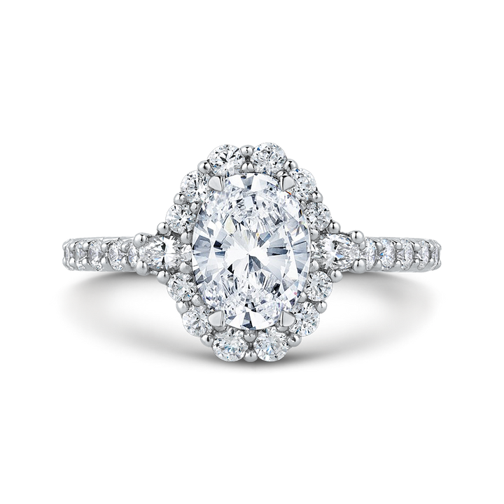 14K White Gold Halo Accented Oval Diamond Semi-Mount Ring .85CTW.