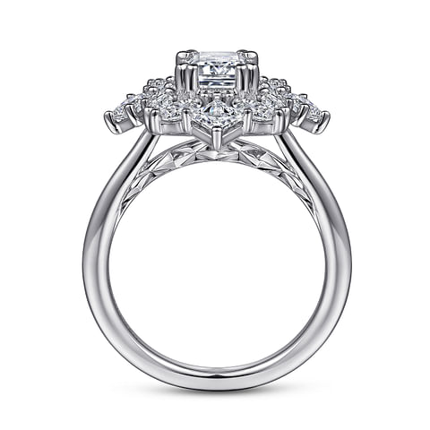 14K White Gold Halo Accented Emerald Diamond Semi-Mount Ring 1.19CTW.