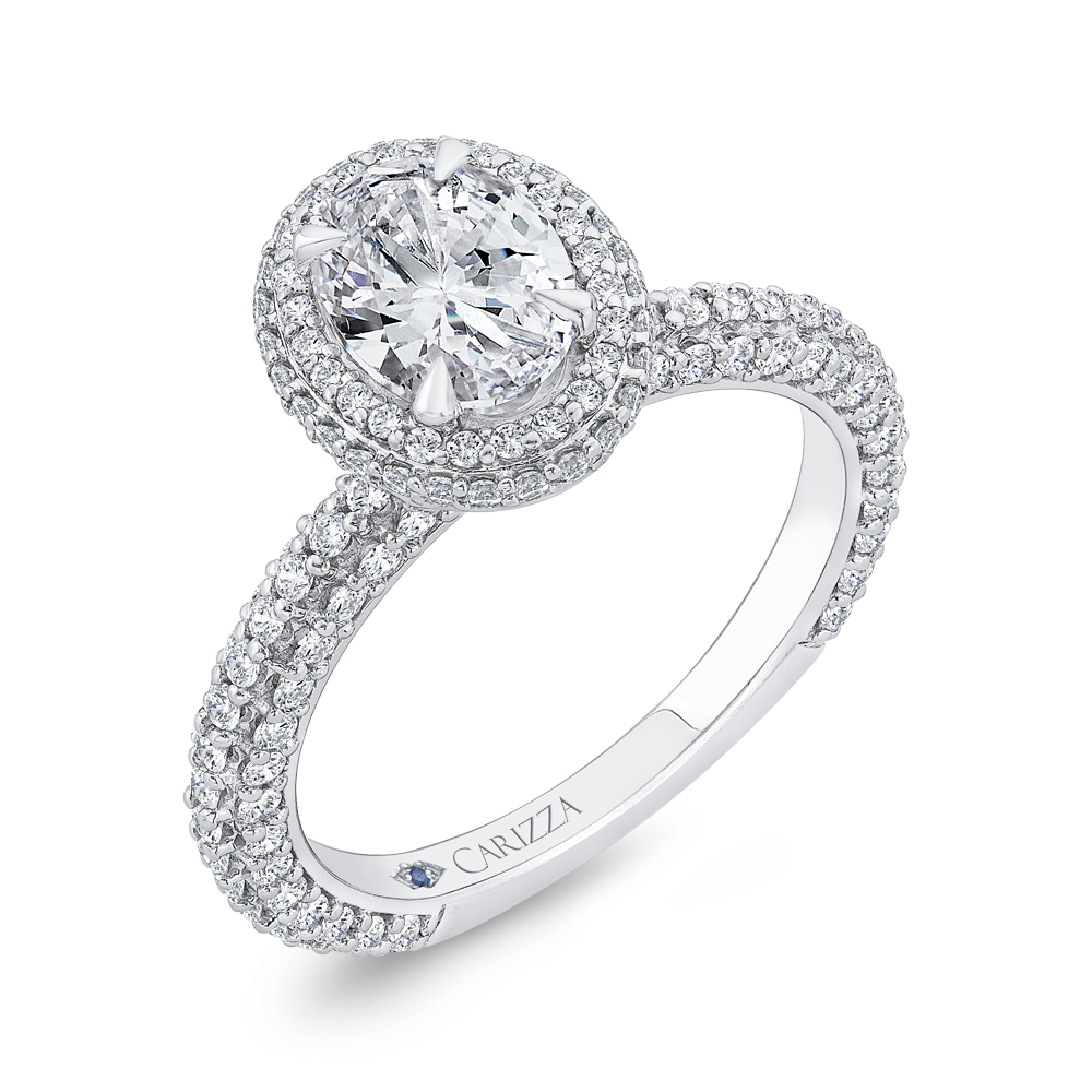 14K White Gold Double Halo Oval Diamond Semi-Mount Ring 1.02CTW.
