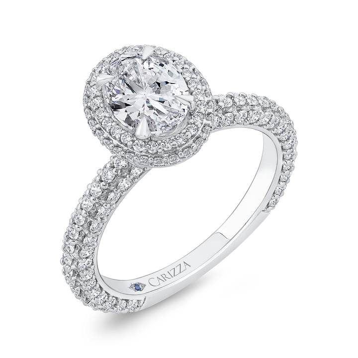 14K White Gold Double Halo Oval Diamond Semi-Mount Ring 1.02CTW.