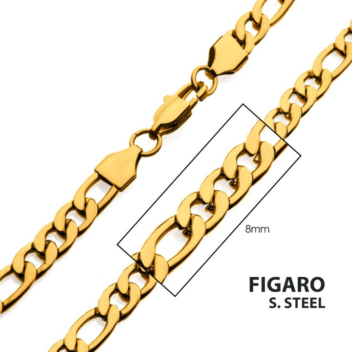 8mm 18K Gold IP Figaro 22in Chain Necklace