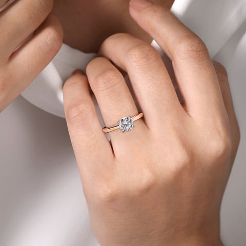 14K Rose Gold Solitaire Round Diamond Cathedral Semi-Mount Ring
