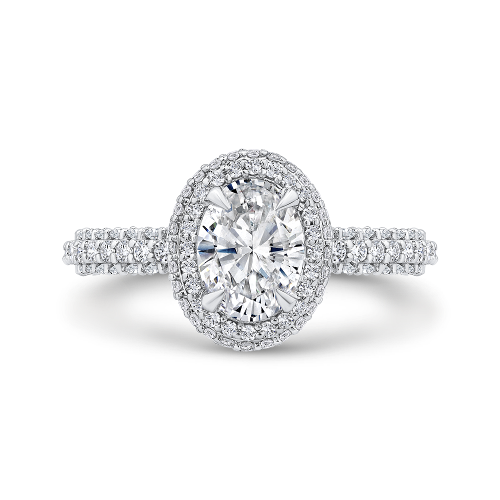 14K White Gold Double Halo Oval Diamond Semi-Mount Ring 1.02CTW.