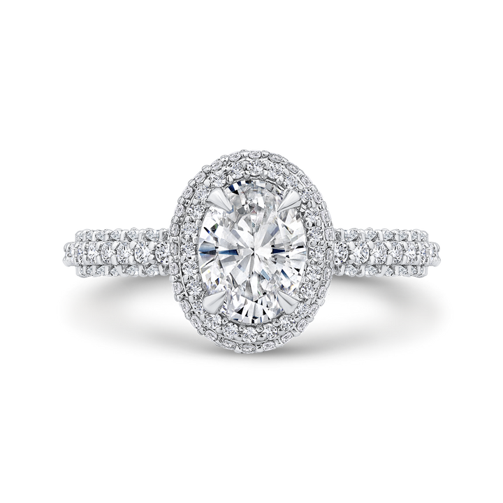 14K White Gold Double Halo Oval Diamond Semi-Mount Ring 1.02CTW.