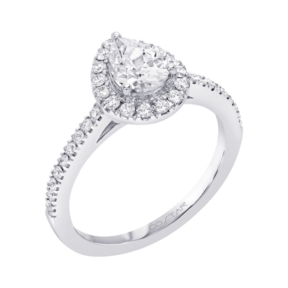14K White Gold Halo Pear Diamond Semi-Mount Ring 0.31CTW.