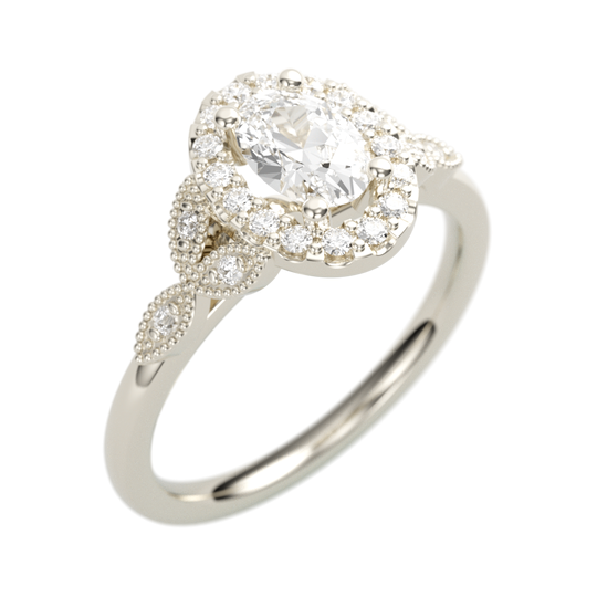 14K White Gold Floral Halo Oval Diamond Semi-Mount Ring .15CTW.