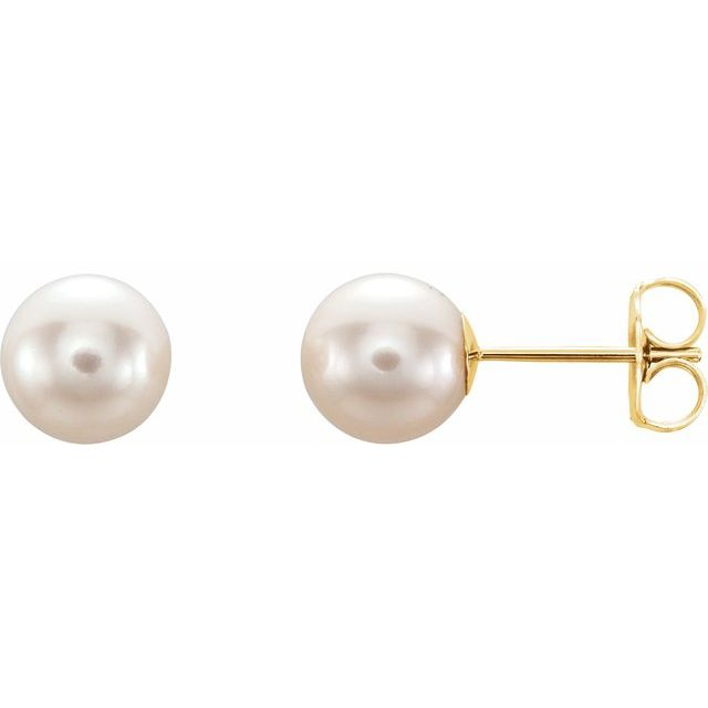 Cultured White Freshwater Pearl Stud Earrings in 14K Yellow Gold (7.0–7.5 mm)