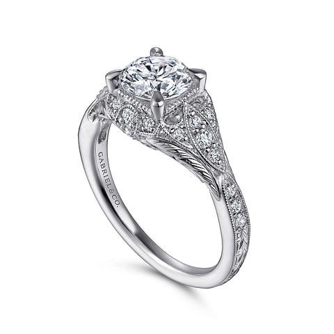 14K White Gold Vintage Round Diamond Semi-Mount Ring .27CTW.