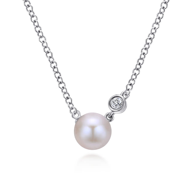 Sterling Silver Cultured Pearl and Diamond Necklace