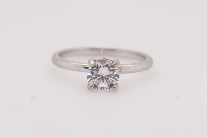 14K White Gold Solitaire Hidden Halo Round Diamond Semi-Mount Ring 0.04CTW.