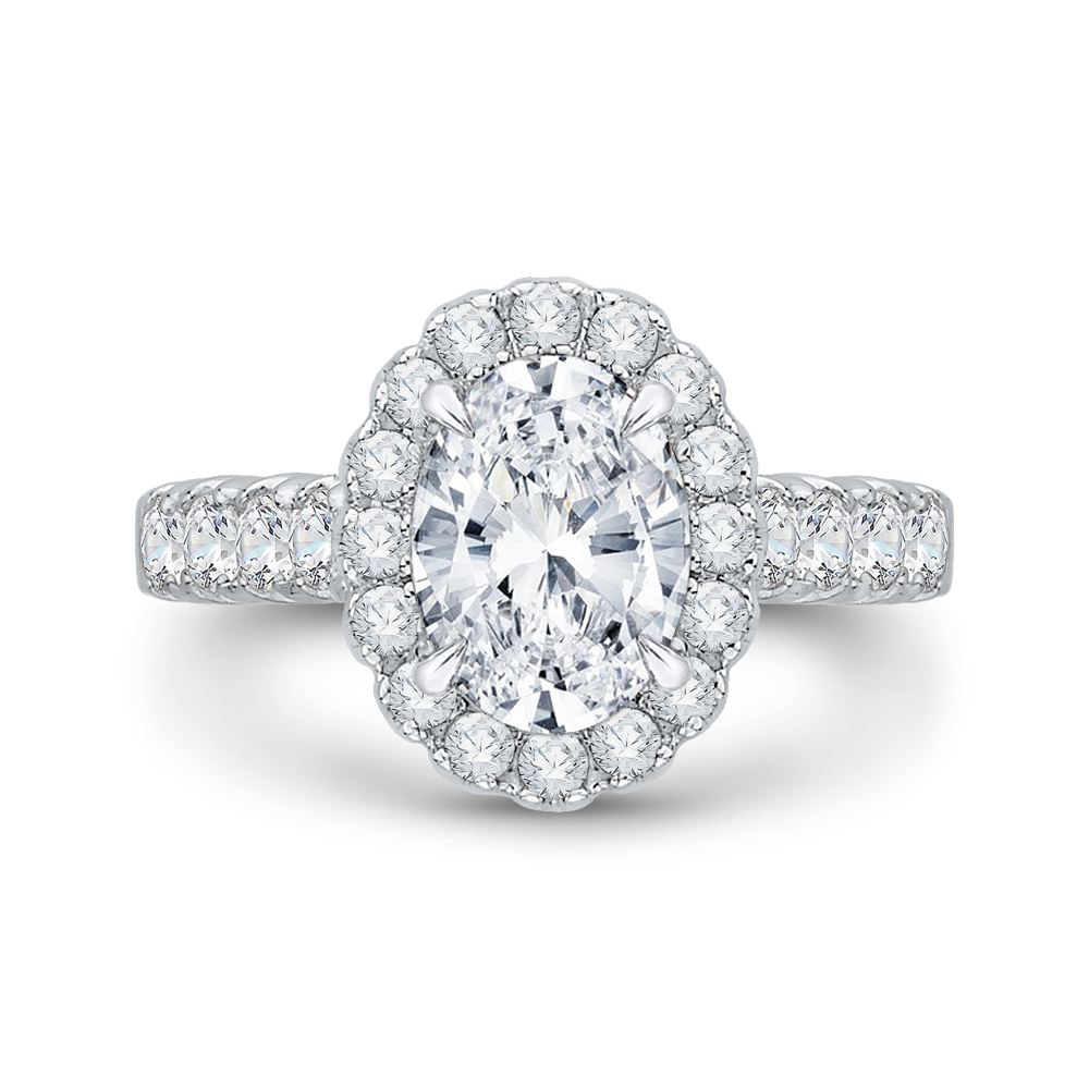 14K White Gold Halo Accented Oval Diamond Semi-Mount Ring .70CTW.