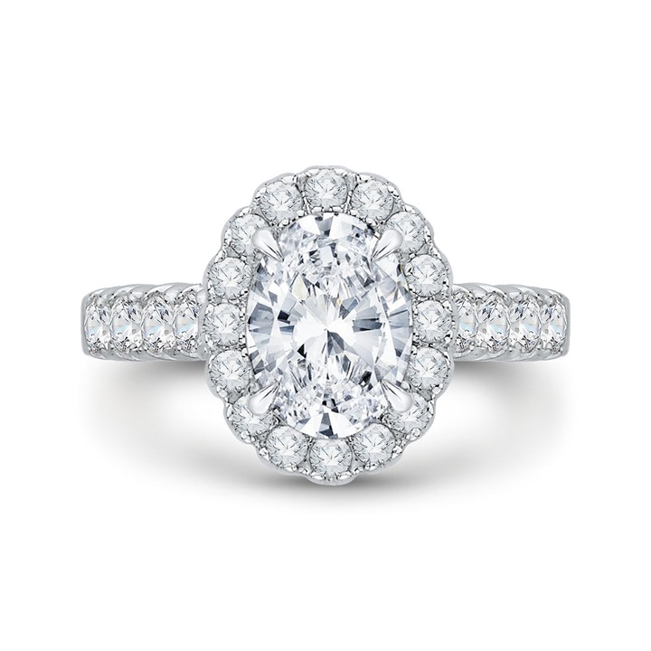 14K White Gold Halo Accented Oval Diamond Semi-Mount Ring .70CTW.