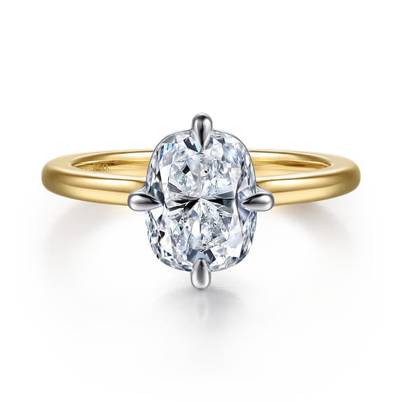 14K White-Yellow Gold Elongated Cushion Compass Prong Solitaire Diamond Engagement Ring