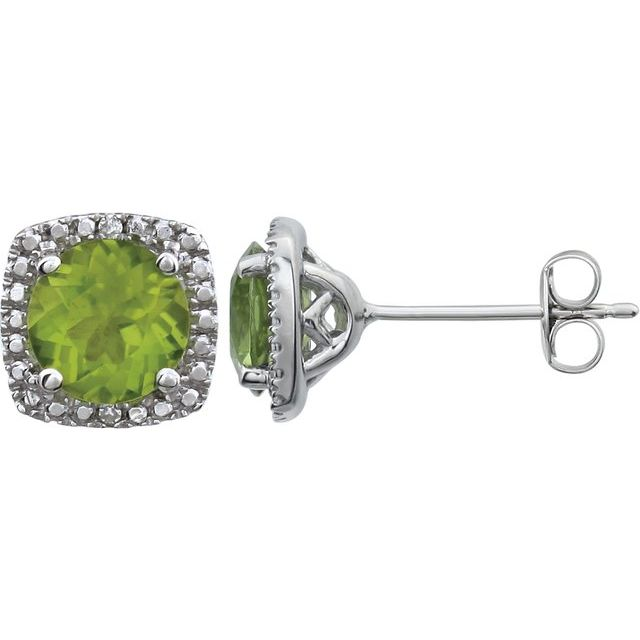 Natural Peridot Halo Stud Earrings in Sterling Silver with Diamond Accents (0.015 ctw)