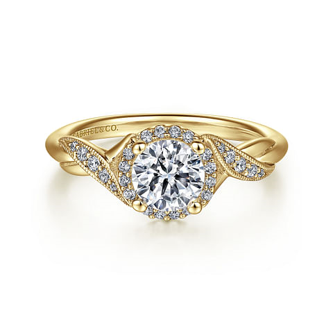14K Yellow Gold Twist Halo Round Diamond Semi-Mount Ring .13CTW.