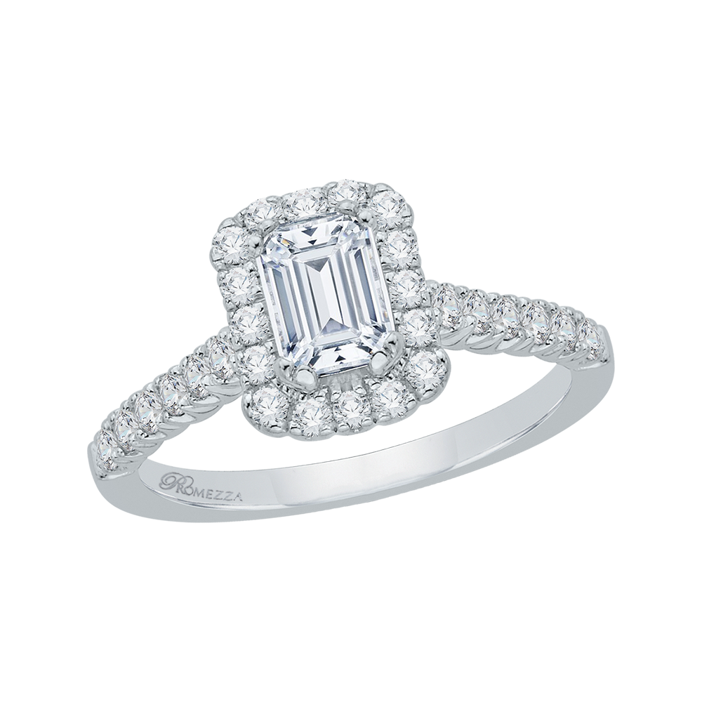 14K White Gold Halo Accented Emerald Diamond Semi-Mount Ring .99CTW.