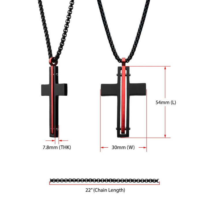 Black & Red Matte Thin Red Line Cross Pendant with Round Box Chain