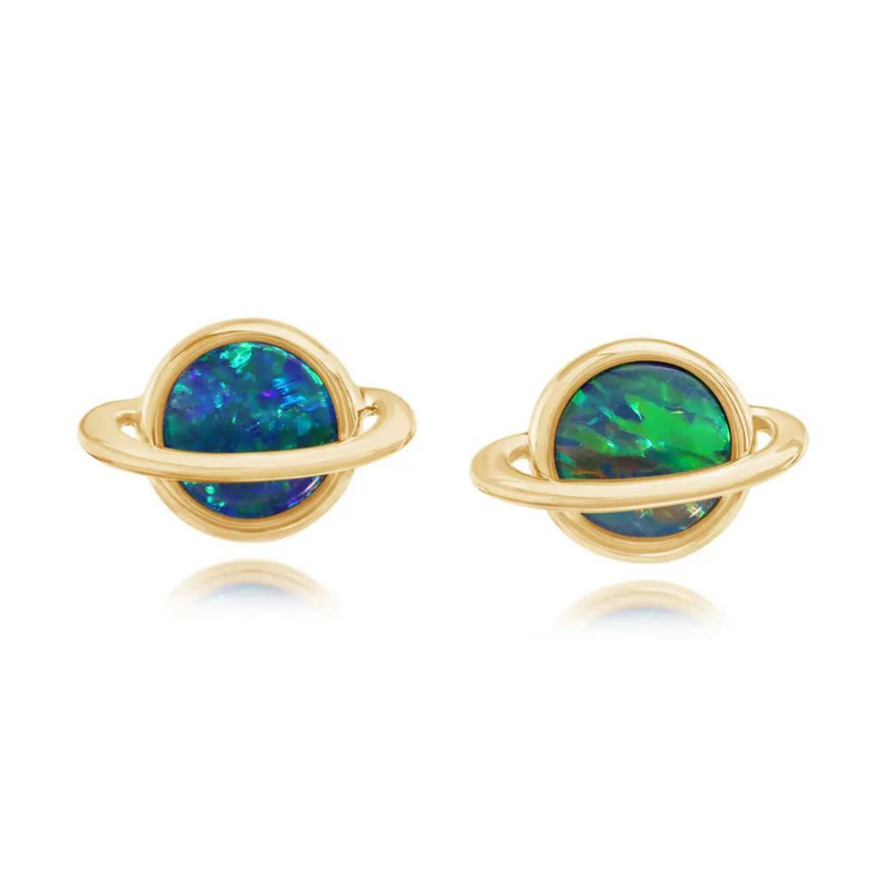 14K Yellow Gold Australian Opal Doublet Saturn Earrings