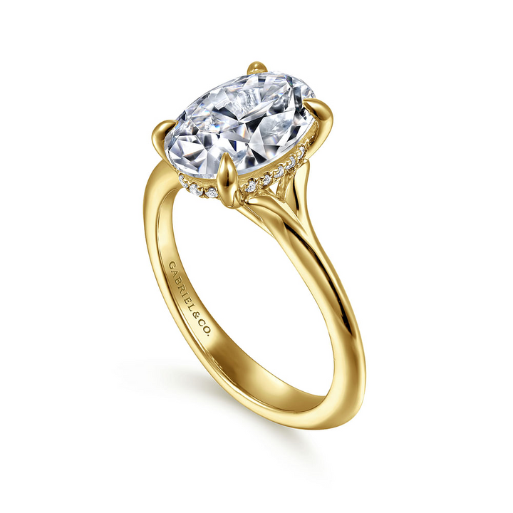 14K Yellow Gold Solitaire Hidden Halo Oval Diamond Semi-Mount Ring 0.07CTW.