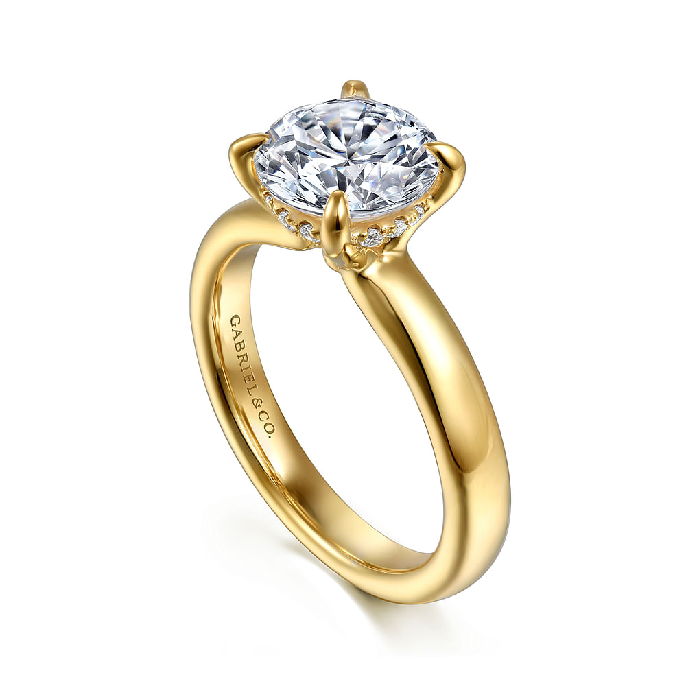 14K Yellow Gold Solitaire Hidden Halo Round Diamond Semi-Mount Ring 0.07CTW.
