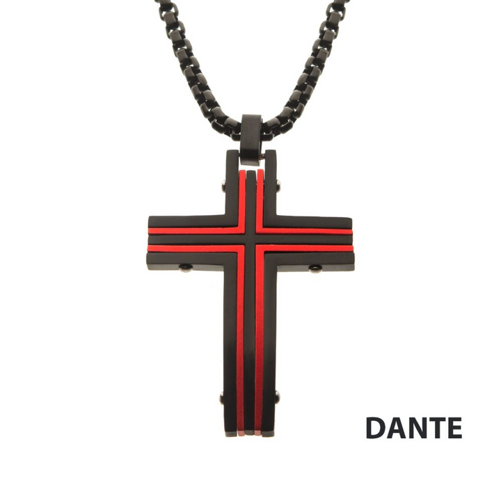 Black & Red IP  Cross Pendant with Round Box Chain 24"