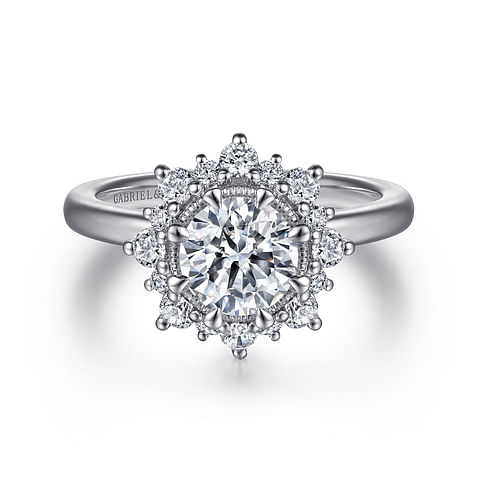 14K White Gold SnowflakeHalo Round Diamond Semi-Mount Ring .41CTW.