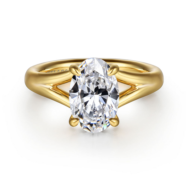 14K Yellow Gold Solitaire Split Shank Oval Diamond Semi-Mount Ring 0.08CTW.