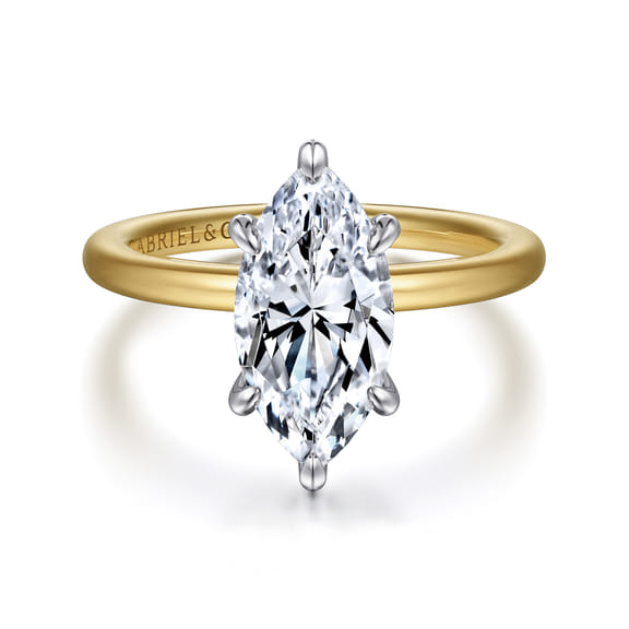14K Two Tone Gold 6 Prong Marquise Hidden Halo Engagement Ring Setting