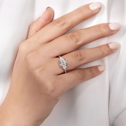 14K White Gold Accented 3 Stone Round Diamond Semi-Mount Ring with Trillian Accents