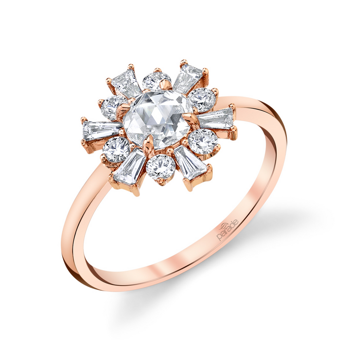 14K Rose Gold Starburst Halo Round Diamond Semi-Mount Ring 0.50CTW.