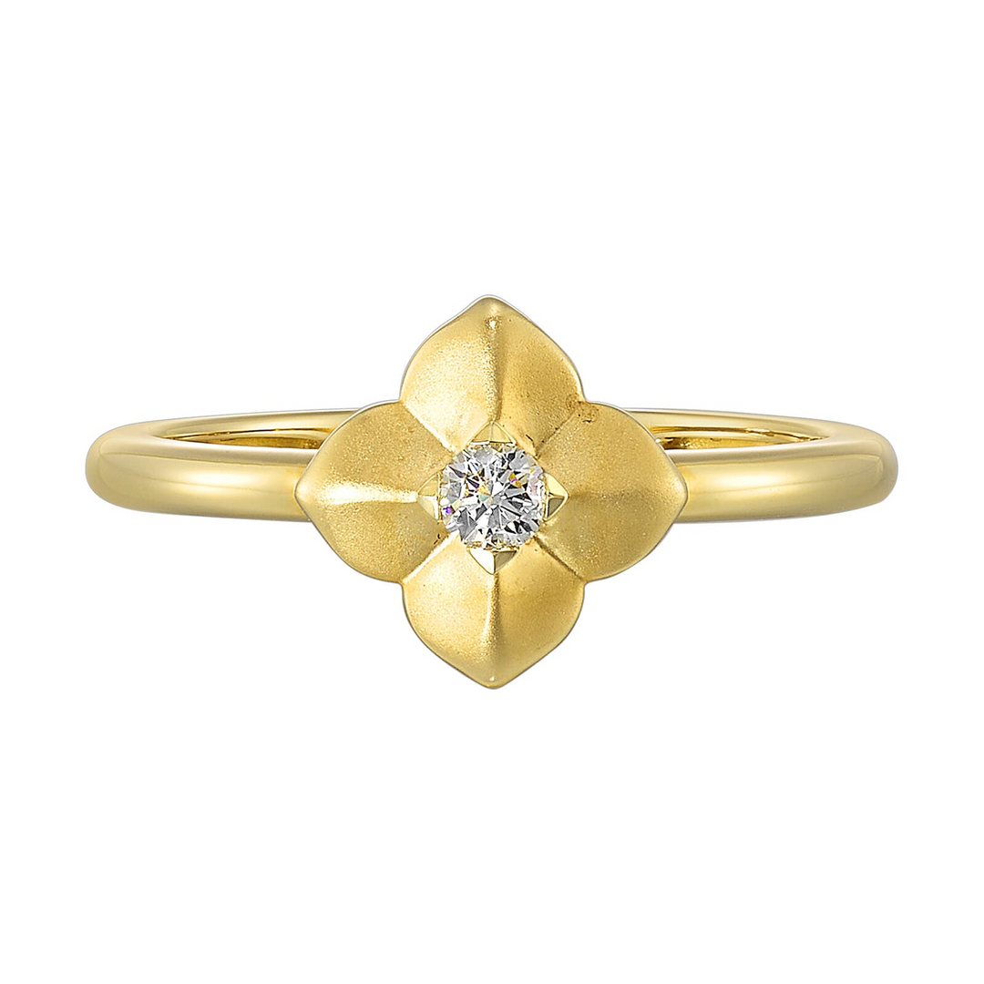 14K Yellow Gold Diamond Flower Ring with Textured Detail (1/12 ctw)