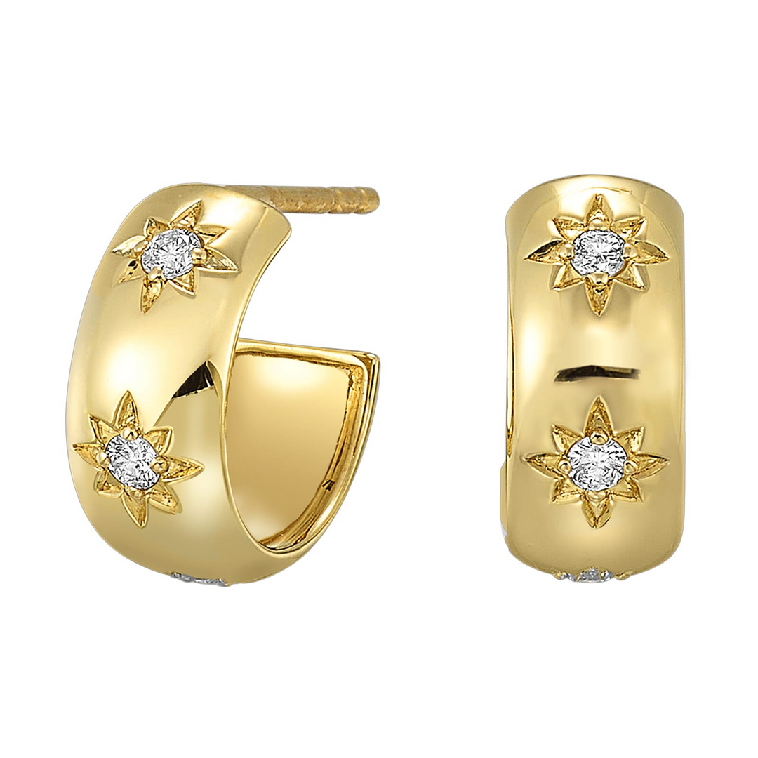 14K Yellow Gold Diamond J Hoop Earrings with North Star (1/8 ctw)