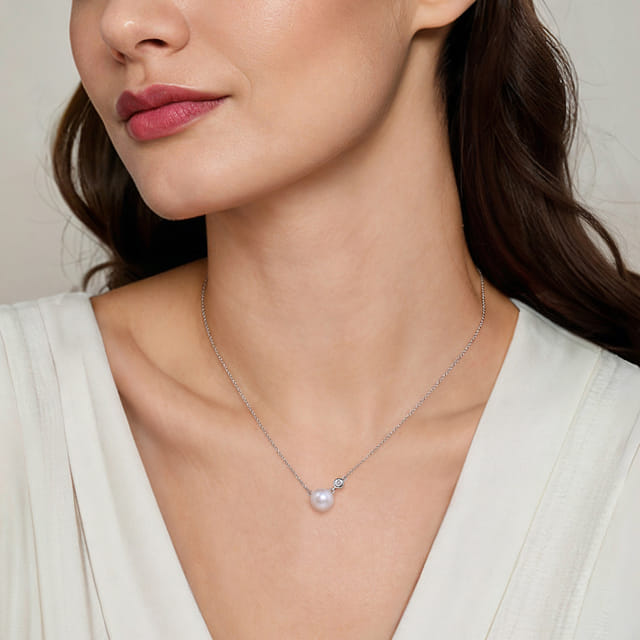 Sterling Silver Cultured Pearl and Diamond Necklace