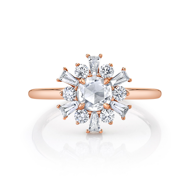 14K Rose Gold Starburst Halo Round Diamond Semi-Mount Ring 0.50CTW.