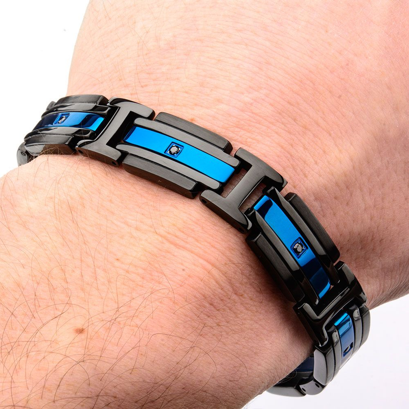 Matte Black & Blue Stainless Steel CZ Link Bracelet
