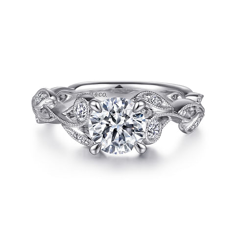 14K White Gold Floral Round Diamond Semi-Mount Ring .16CTW.