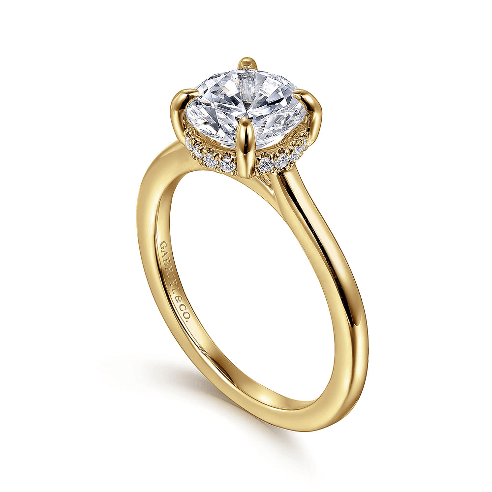 14K Yellow Gold Solitaire Hidden Halo Round Diamond Semi-Mount Ring 0.08CTW.
