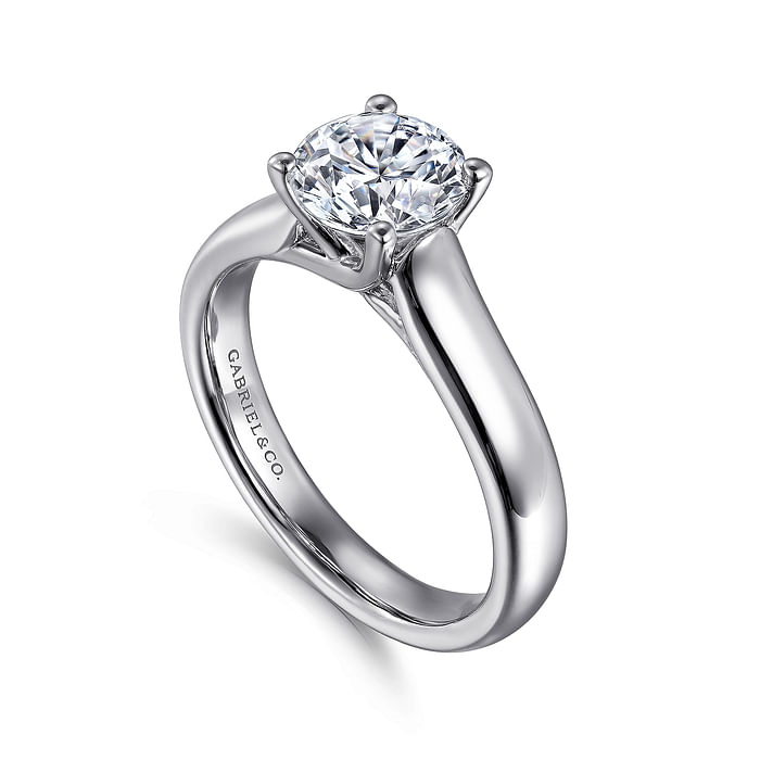 14K White Solitaire Wide Band Round Diamond Semi-Mount Ring