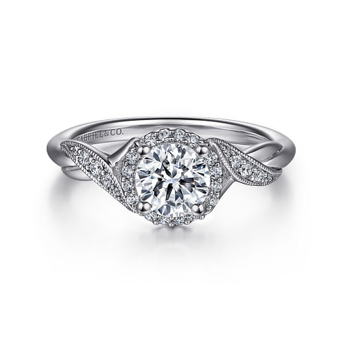 14K White Gold Halo Twist Round Diamond Semi-Mount Ring .13CTW.