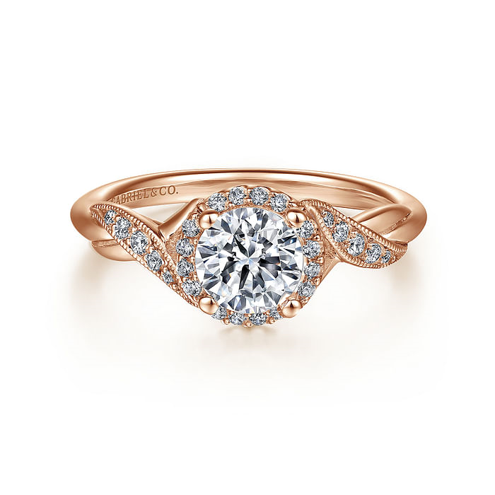 14K Rose Gold Twist Halo Round Diamond Semi-Mount Ring 0.17CTW.