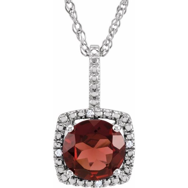 Sterling Silver 7 mm Mozambique Garnet Diamond Halo Necklace (0.015 ctw)