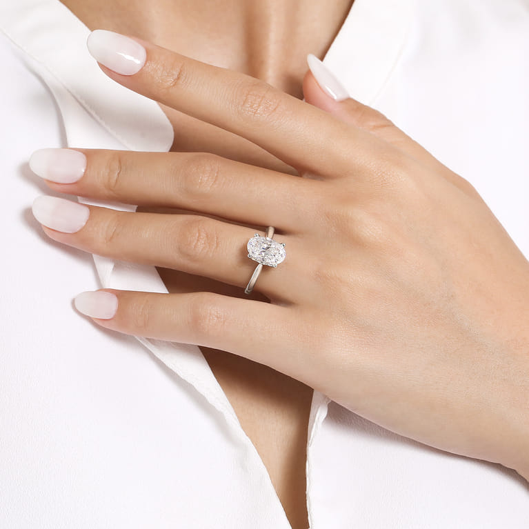 14K White Gold Oval Lotus Diamond Engagement Ring