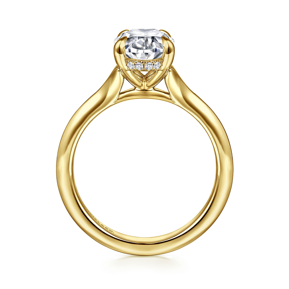 14K Yellow Gold Solitaire Hidden Halo Oval Diamond Semi-Mount Ring 0.07CTW.
