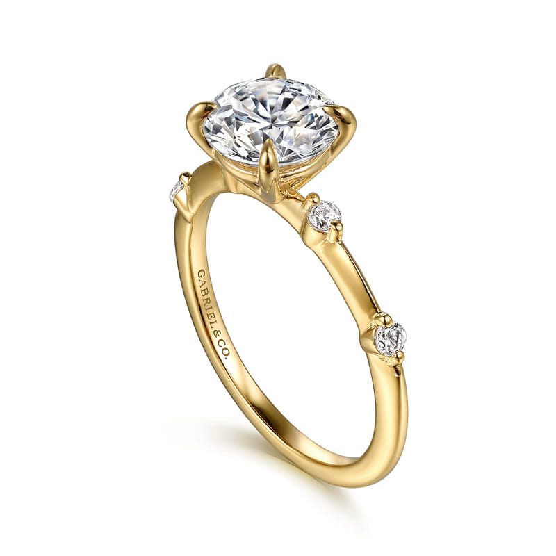 14K Yellow Gold Round Diamond Station Engagement Ring Setting